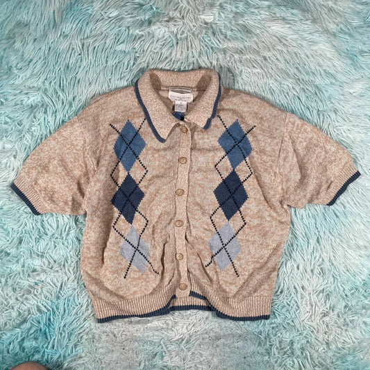 Vintage Y2K Beige Fitted Argyle Cardigan - Medium