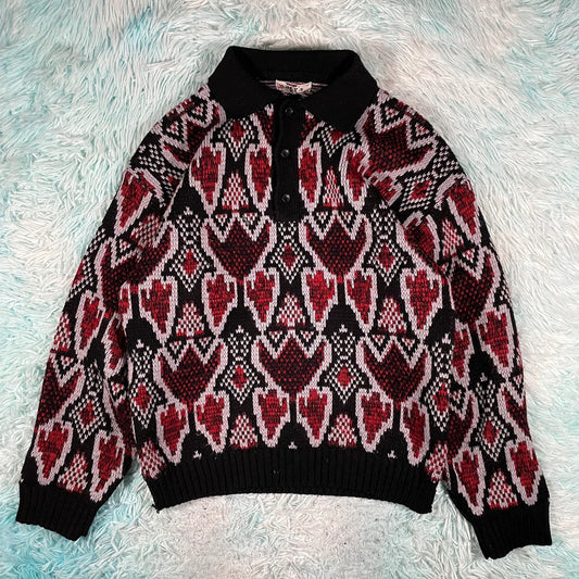 Vintage 90s Red & Black Grunge Knitted Jumper Collared - Medium