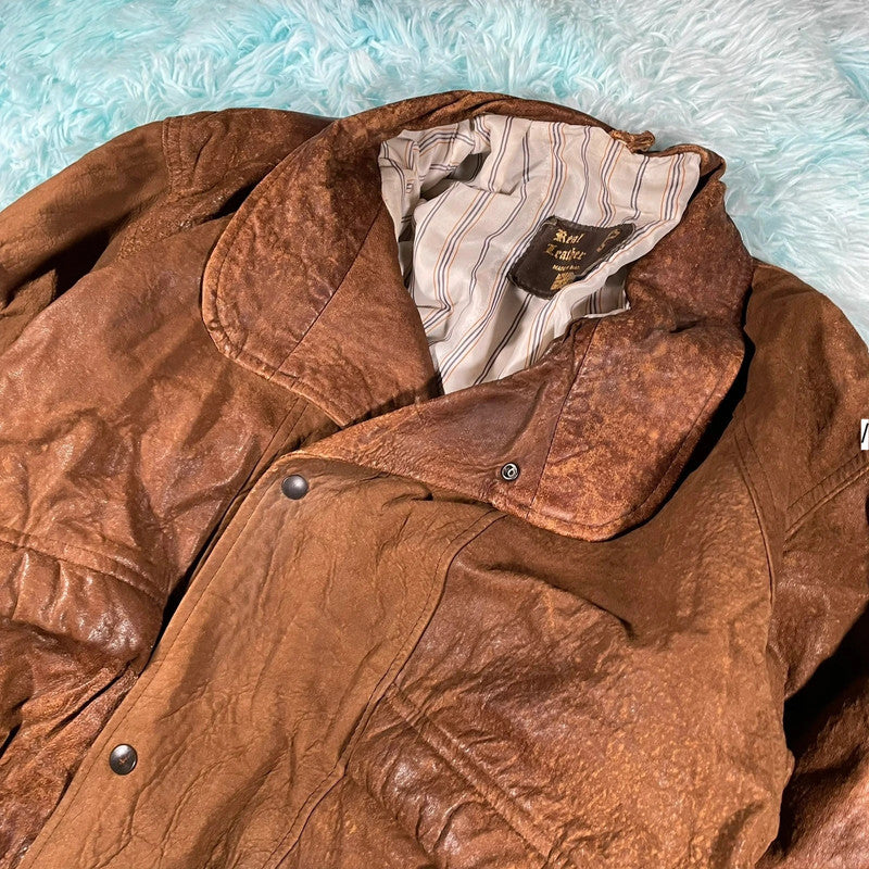 Vintage 90s Brown Leather Bomber Jacket - Medium