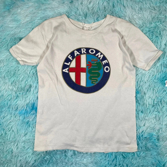 Vintage 1970s White Alfa Romeo Graphic T Shirt - Small