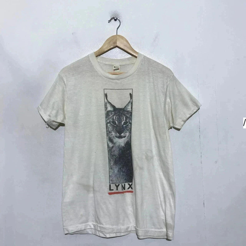Vintage 80s White Lynx Nature Graphic Print Screen Stars - XL