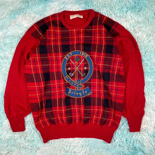 Vintage 90s Red Pringle Golf Tartan Jumper - M