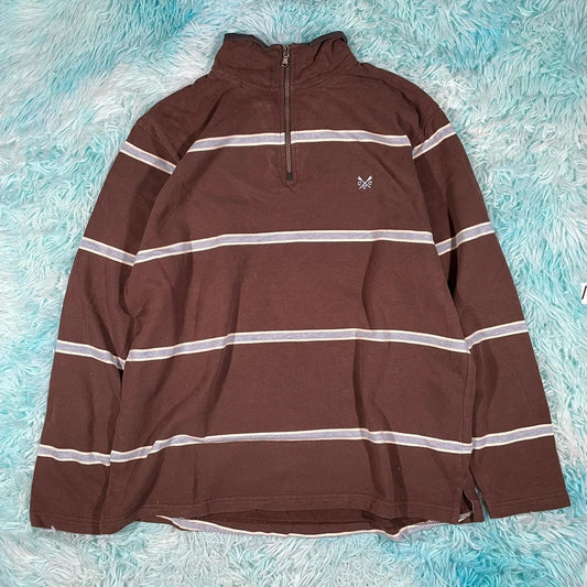 Vintage Brown Striped Crew 1/4 Zip Sweatshirt - Medium