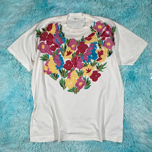 Vintage 80s White Floral Print T Shirt - Large