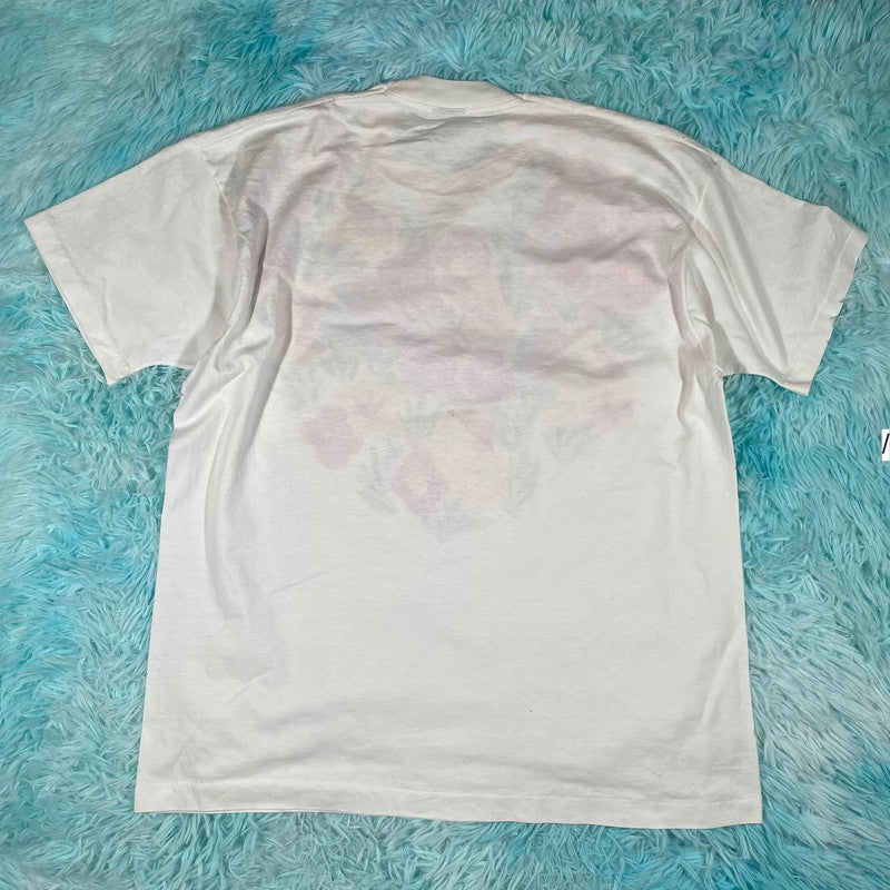 Vintage 80s White Floral Print T Shirt - Large