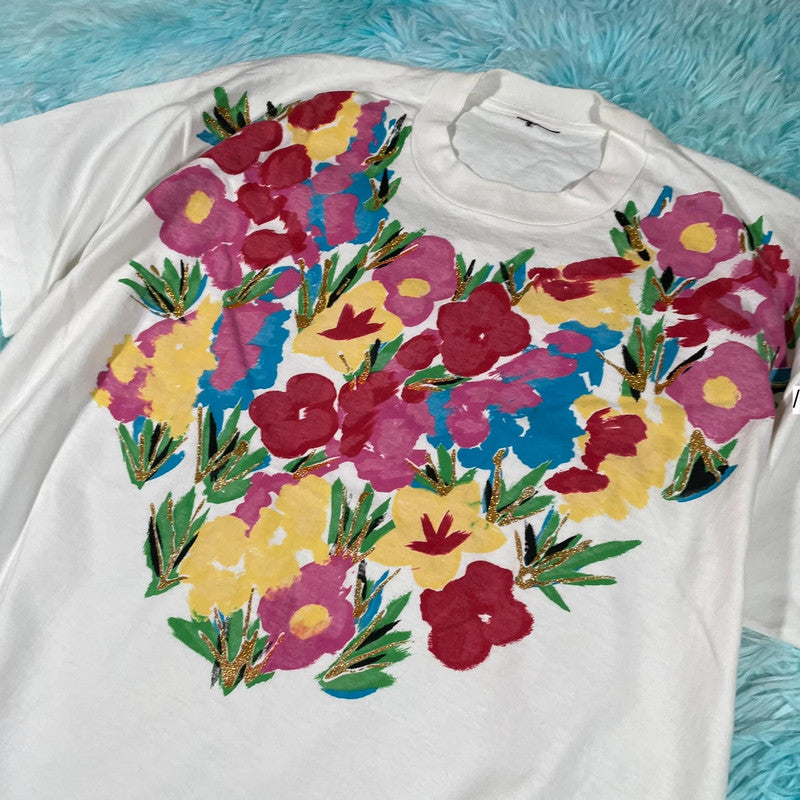 Vintage 80s White Floral Print T Shirt - Large