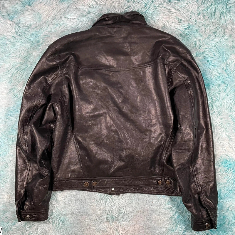 Vintage 90s Black Leather Jacket Trucker - Medium