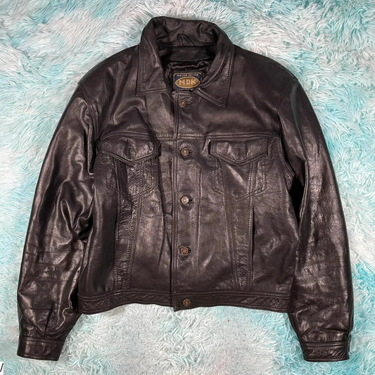 Vintage 90s Black Leather Jacket Trucker - Medium