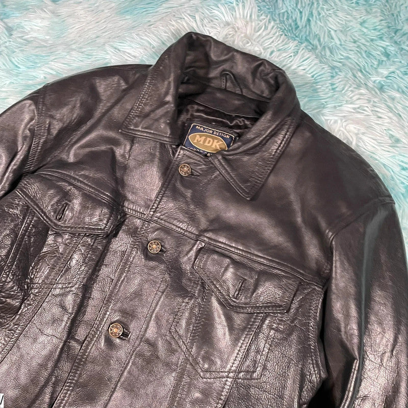 Vintage 90s Black Leather Jacket Trucker - Medium