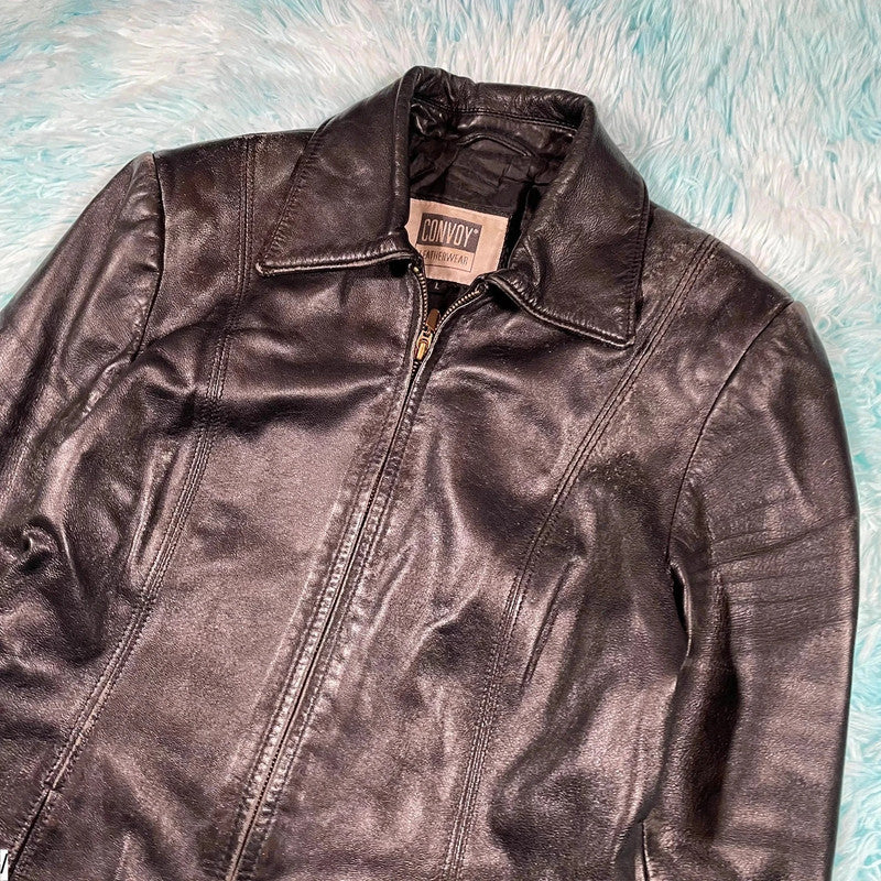 Vintage 90s Black Boxy Leather Jacket - Large