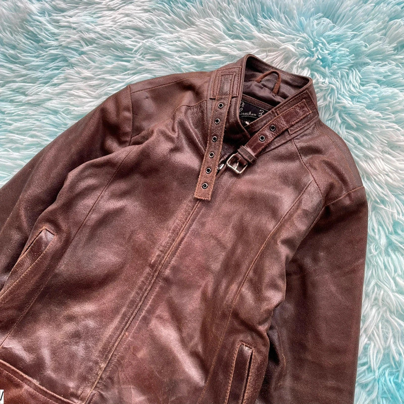 Vintage Y2K Brown Leather Jacket - Medium