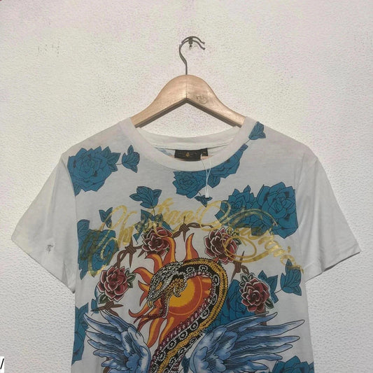 Vintage 00s White & Blue Christian Audiger T Shirt Bedazzled Snake Print - Medium