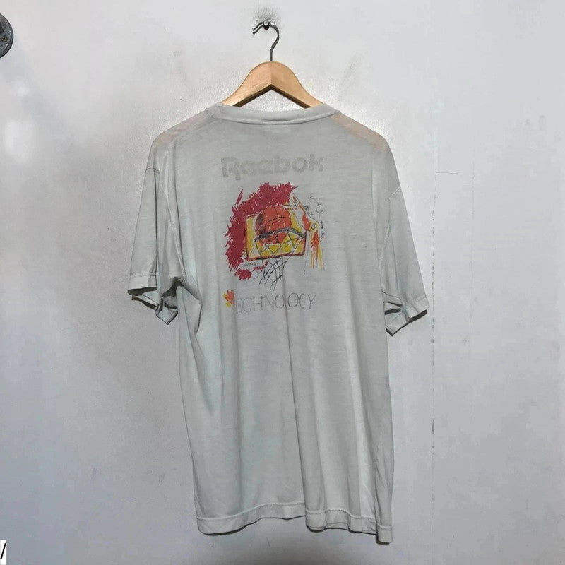 Vintage 80s White Reebok “The Pump” Trainer Graphic Print T Shirt - Large