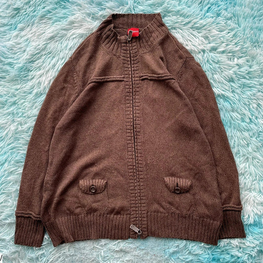 Vintage 00s Brown Olsen Knitted Jumper Full Zip - Medium