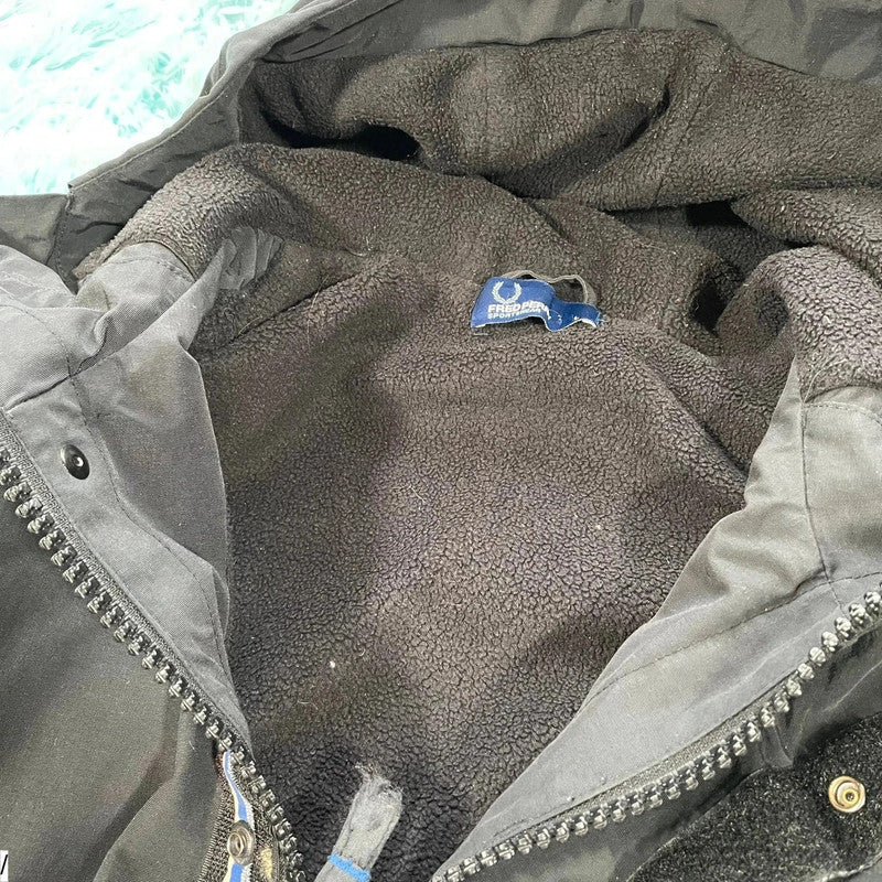 Black Fred Perry Jacket Coat Fleece Lined - Large