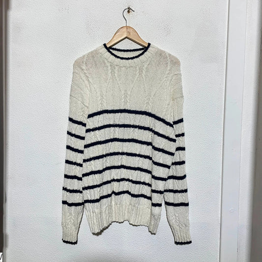 Cream & Navy Striped Gant Knitted Jumper Linen Blend - Large