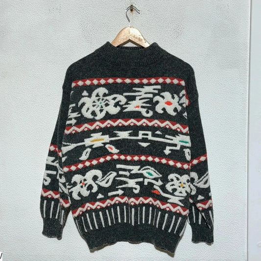 Vintage 90s Grey Patterned Knitted Jumper - Medium