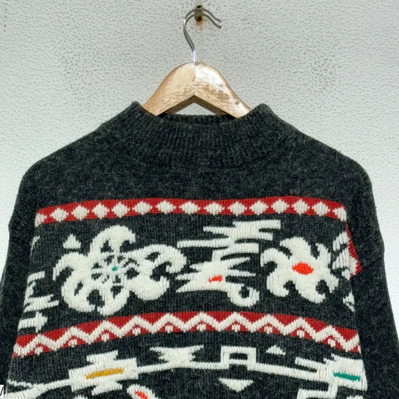 Vintage 90s Grey Patterned Knitted Jumper - Medium