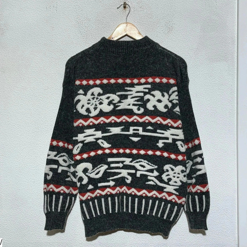 Vintage 90s Grey Patterned Knitted Jumper - Medium