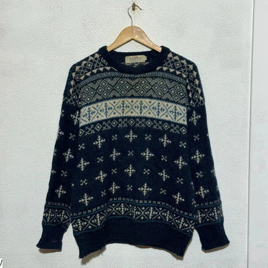 Vintage 90s Navy Nordic Patterned Knitted Jumper - Medium