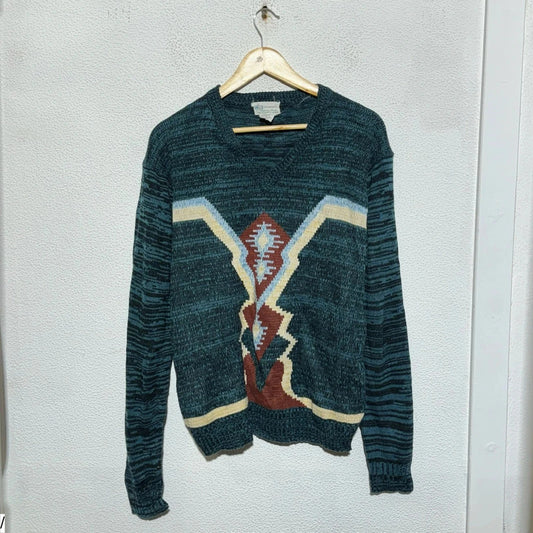 Vintage 80s Navy Aztec patterned Knitted Jumper - Large