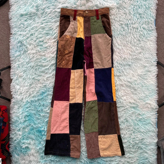 Vintage Patchwork Corduroy Flared Trousers - 24W 30L