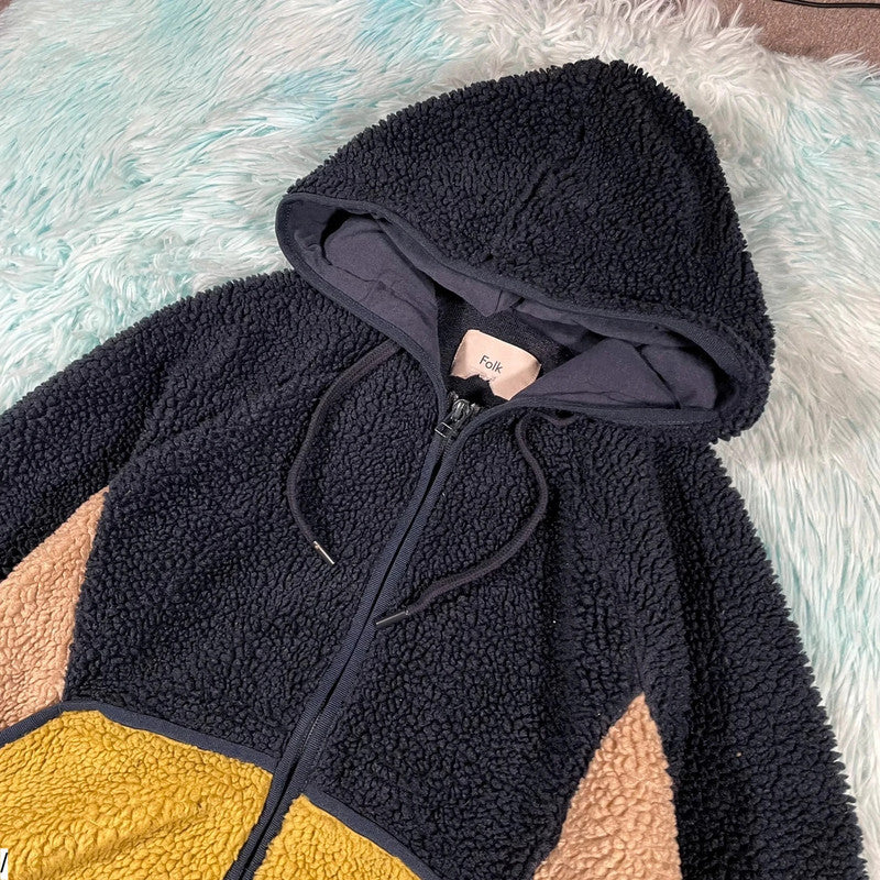 Navy & Yellow Folk Sherpa Fleece Hoodie - XS