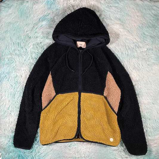 Navy & Yellow Folk Sherpa Fleece Hoodie - XS