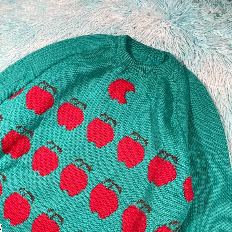 Vintage 80s Green Apple Patterned Knitted Jumper - Medium