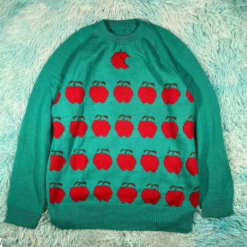 Vintage 80s Green Apple Patterned Knitted Jumper - Medium