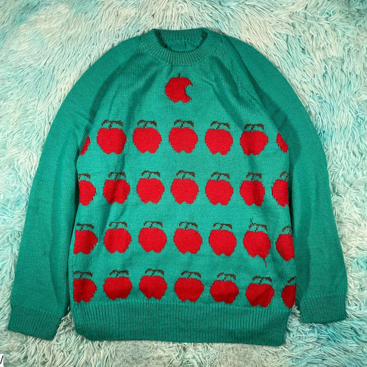 Vintage 80s Green Apple Patterned Knitted Jumper - Medium