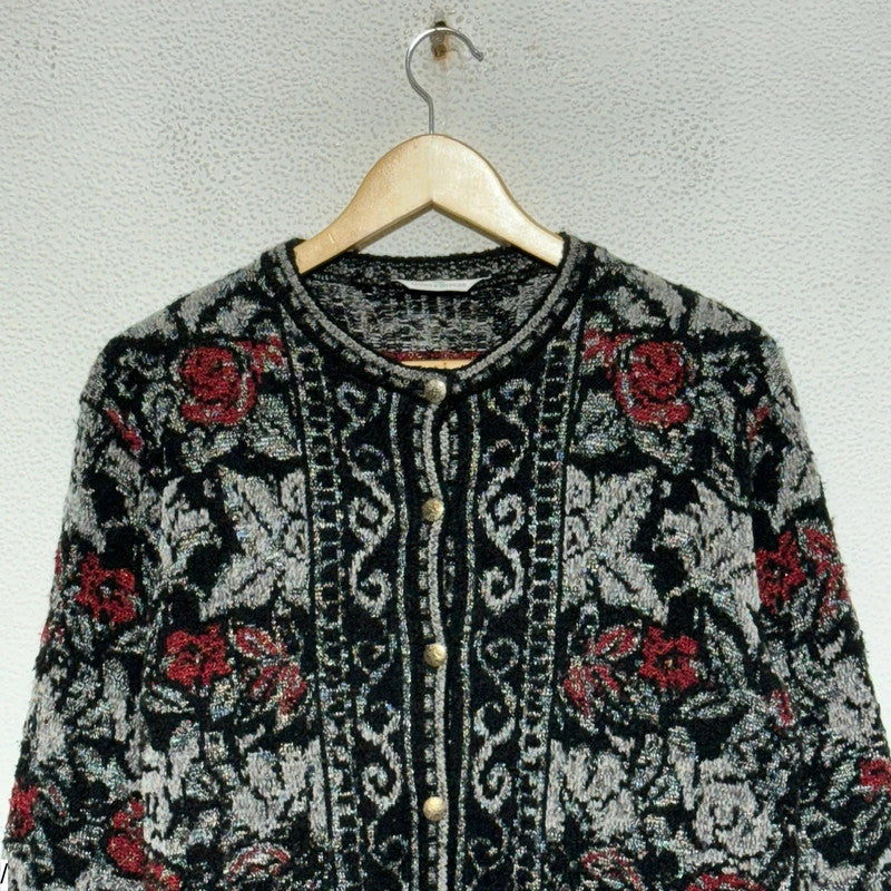 Vintage 80s Black Floral Patterned Knitted Cardigan