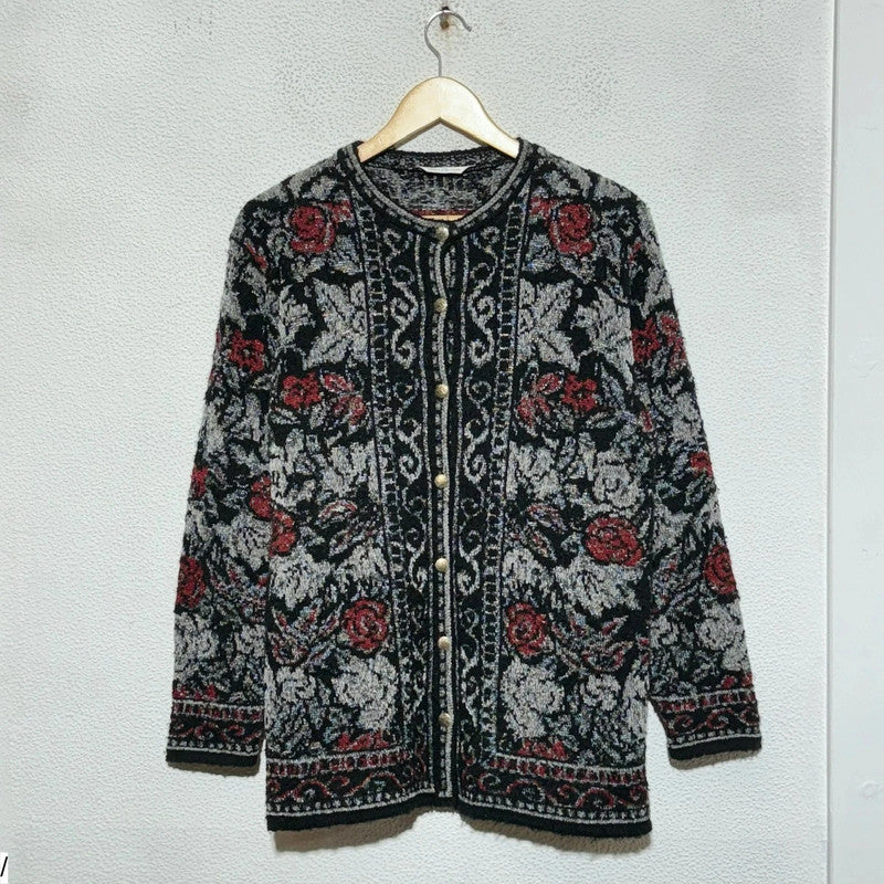 Vintage 80s Black Floral Patterned Knitted Cardigan