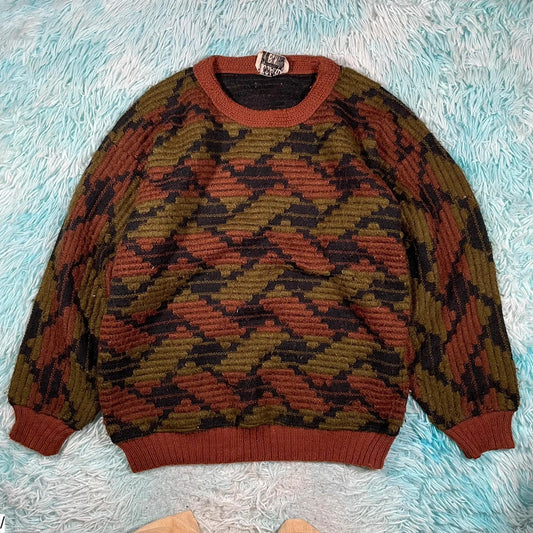 Vintage 80s Funky Patterned Knitted Jumper - Large