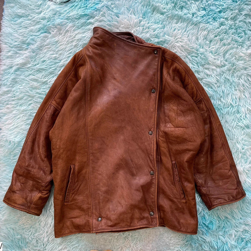 Vintage 90s Italian Leather Jacket Assymetric - Medium