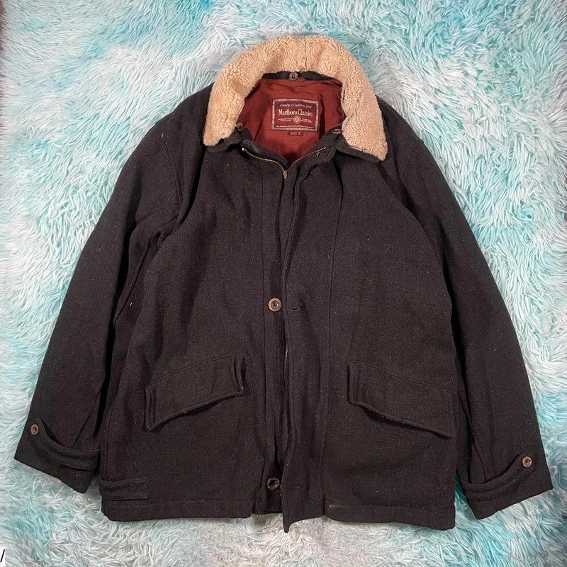 Vintage Black Marlboro Classic Wool Coat - XL