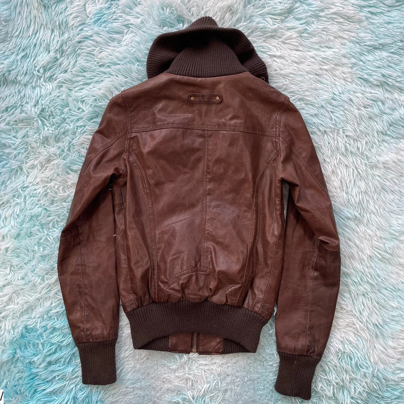 Vintage 00s Brown New Look Fitted leather Jacket - Size 8
