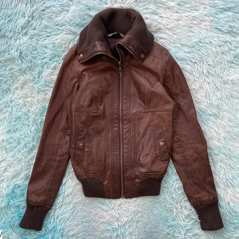 Vintage 00s Brown New Look Fitted leather Jacket - Size 8