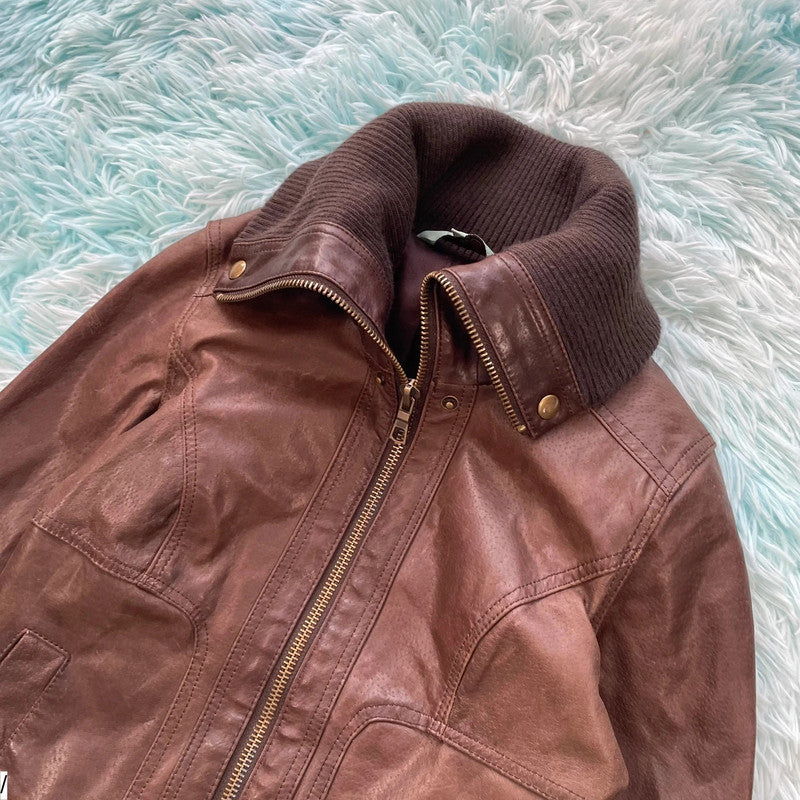 Vintage 00s Brown New Look Fitted leather Jacket - Size 8