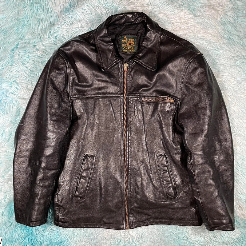 Vintage 90s Black Boxy Leather Jacket - Medium