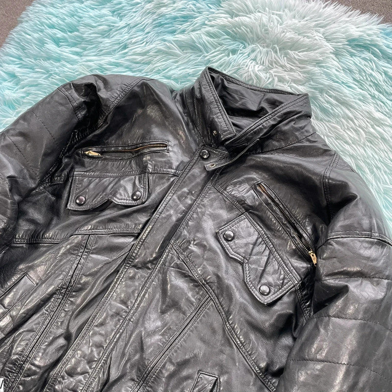 Vintage Black Leather Biker Jacket - Medium