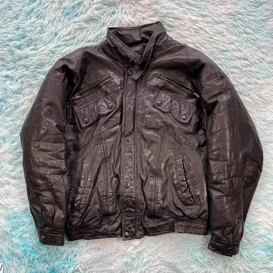 Vintage Black Leather Biker Jacket - Medium