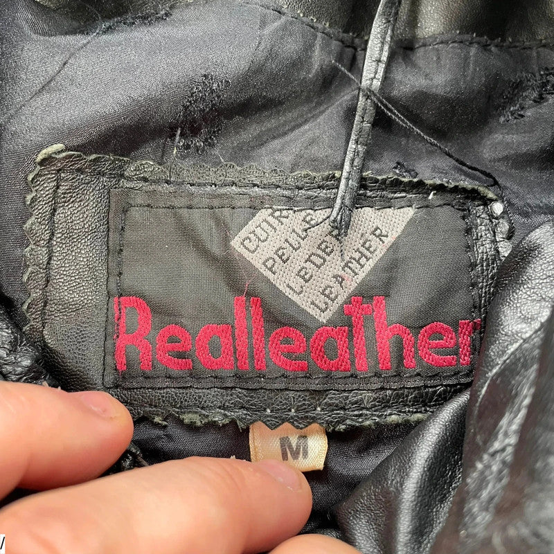 Vintage Black Leather Biker Jacket - Medium