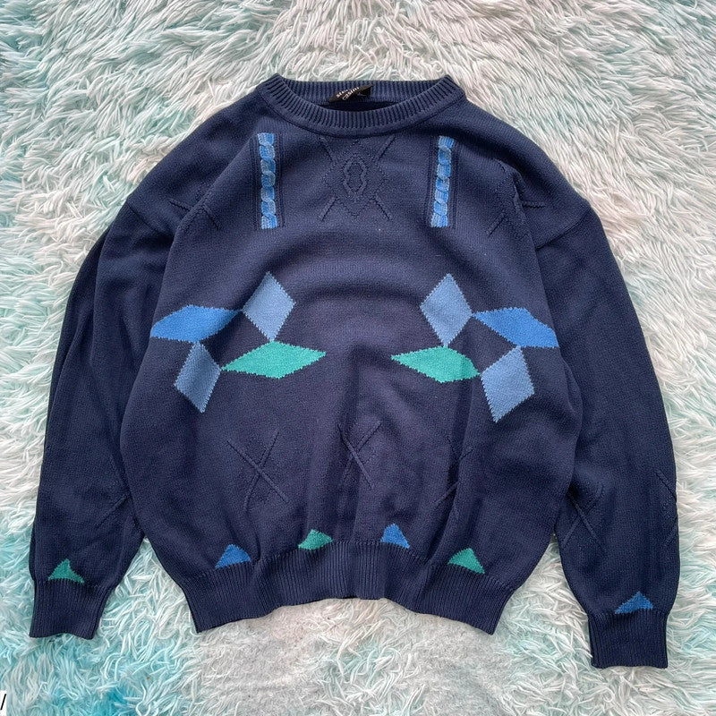 Vintage 90s Navy Funky Knitted Jumper - Large