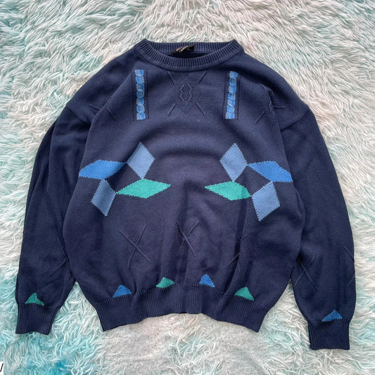 Vintage 90s Navy Funky Knitted Jumper - Large