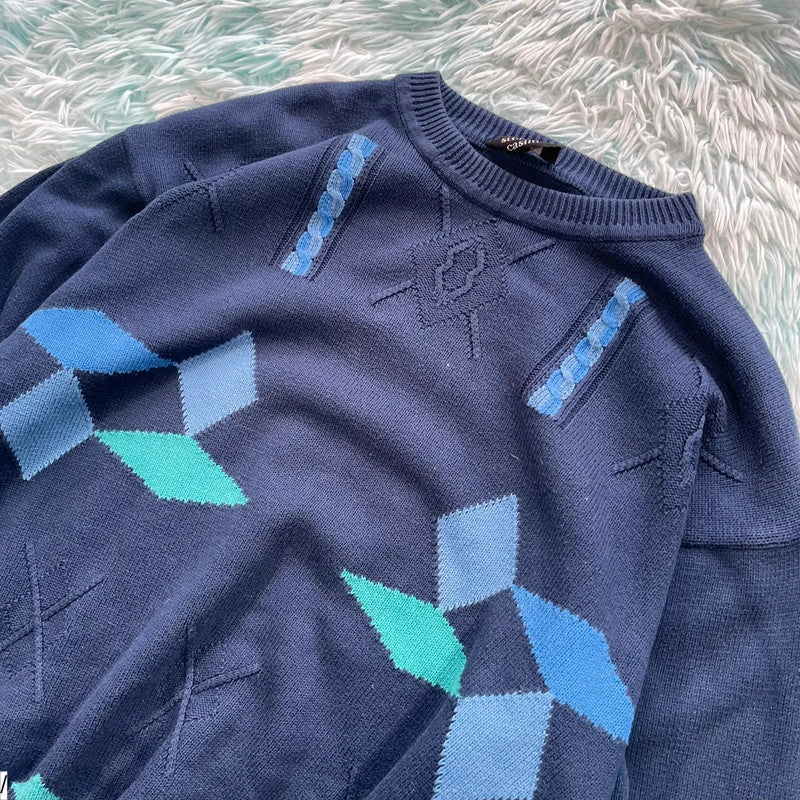 Vintage 90s Navy Funky Knitted Jumper - Large