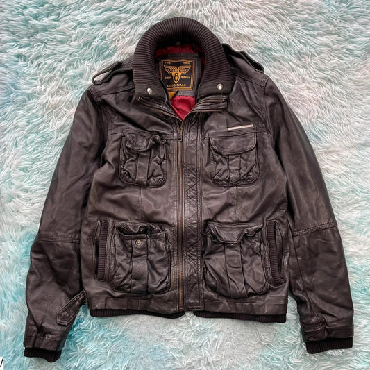 Vintage Black Leather Biker Jacket - Large