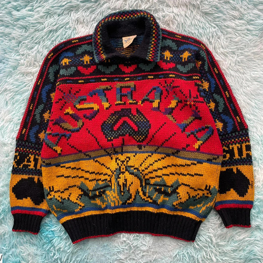 Vintage 90s Chunky Australian Knitted Jumper Crazy Pattern - XL