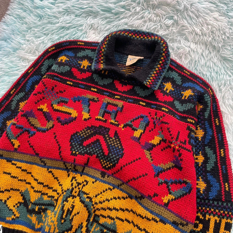 Vintage 90s Chunky Australian Knitted Jumper Crazy Pattern - XL