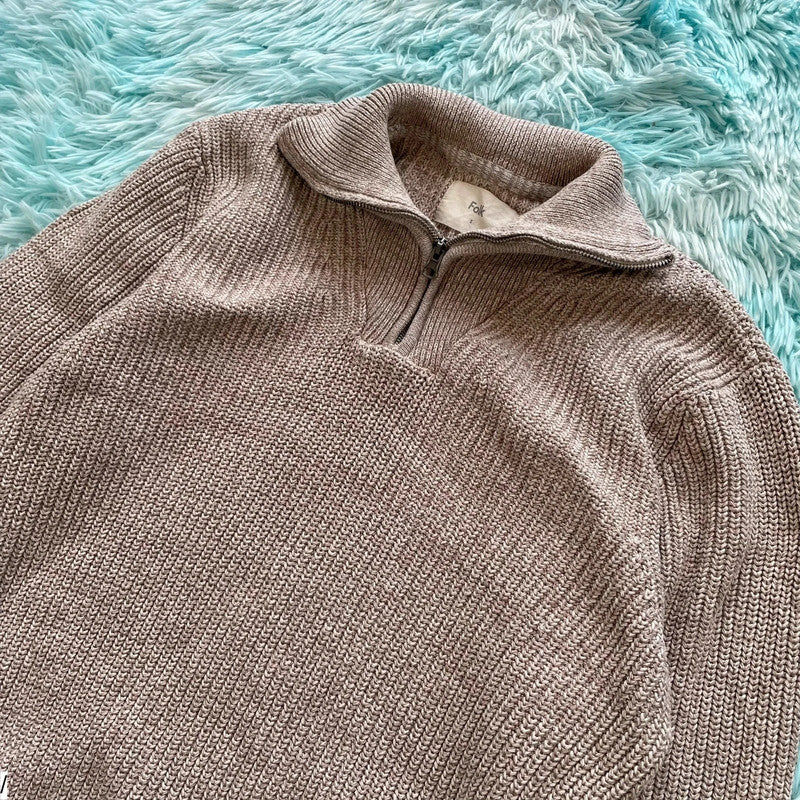 Beige Folk Knitted 1/4 Zip Jumper - XL